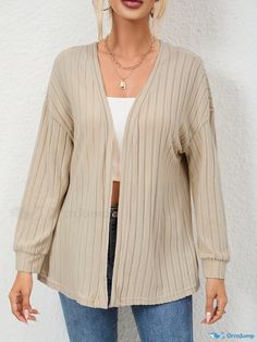 Orcajump - Solid Open Front Rib Knit Cardigan, Casual Long Sleeve Cardigan For Spring & Fall, Women's Clothing Beige Ribbed Cardigan For Layering, Beige Ribbed V-neck Outerwear, Beige V-neck Ribbed Outerwear, Solid Ribbed V-neck Outerwear, Beige Open Front Cardigan, Beige Ribbed Knit Cardigan, Cardigan Casual, Rib Knit Cardigan, Sleeve Cardigan