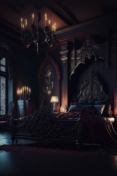 an ornately decorated bedroom with chandelier and bed