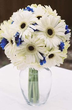 a vase filled with white and blue flowers