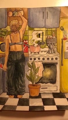 a drawing of a woman in the kitchen cooking on the stove and holding a potted plant