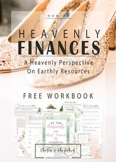 a pair of high heeled shoes sitting on top of a table with the words heavenly finance