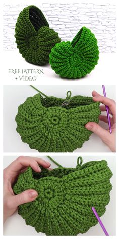 crocheted slippers with leaves on them are shown in three different views, one is green and the other has purple yarn