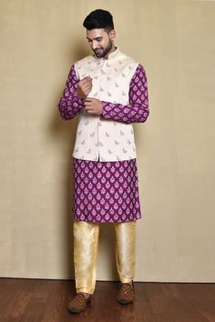 Off white bundi with zari embroidered floral butti patterns. Comes with purple floral pattern kurta and pant. - Aza Fashions Purple Floral Pattern, Kurta Set For Men, Types Of Work, Nehru Jackets, Kurta Set, White Silk, Pants Pattern, Embroidered Silk, Mandarin Collar