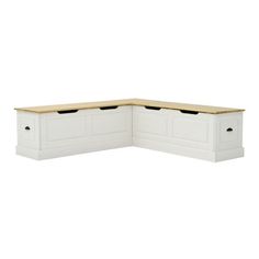 a white corner bench with two drawers on the top and one drawer open to reveal an area for storage