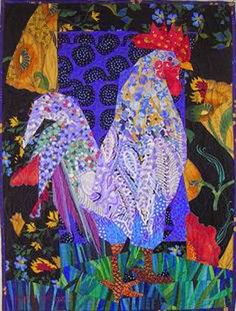 a painting of two roosters standing next to each other on a black background with flowers