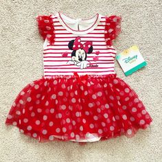 Adorable Red And White Striped And Polka Dot Baby Girls’ Minnie Mouse Tutu Dress Creeper From Disney. The Creeper Is Comprised Of A White Short Sleeve Onesie With A Red Skirt & A Red/White Polka Dot Mesh Overlay. The Same Mesh Overlay Is On The Sleeves. The Front Is Red/White Striped And Has Minnie Mouse On It With Hearts. Never Been Worn & Still New With Tags. In Excellent Condition! White Minnie Mouse Summer Dress, Red Cotton Minnie Mouse Dress, Minnie Mouse Tutu Dress, Minnie Mouse Tutu, The Creeper, Mouse Dress, Minnie Mouse Dress, Minnie Mouse Girl, Disney Dresses