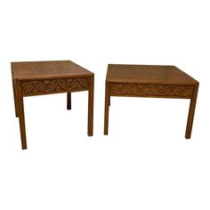 two wooden tables sitting side by side on top of each other in front of a white background