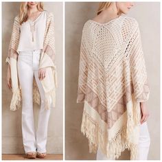 Anthropologie | Moth Calipatria Poncho Shawl Geometric Knit Crochet Details Cotton, Polyester Fringed Hem Detail Open Front Hand Wash Imported Beige And Tan One Size Approx Length To Fringe: 32.5” Fringe Length: 7” Excellent Used Condition Fast Shipping Bundle 2 Or More Items And Save! A Beautiful Transitional Piece Made By Moth. The Poncho Is Done In A Variety Of Stitches, Crochet And Weaving In A Really Pretty Neutral Color Palette - Cream, Soft Yellow And Beige. It Just Hugs You In A Soft Cot Knit Moth Sweater, Macrame Sweater, Stitches Crochet, Geometric Knit, Poncho Shawl, Crochet Fringe, Front Hand, Soft Yellow, Shrug Sweater