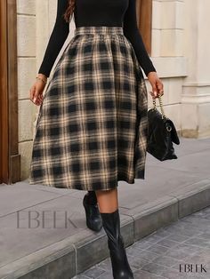 Ebeek - High-Waisted Plaid A-Line Midi Skirt - A Sophisticated Addition to Womens Clothing Collection Trendy Non-stretch Skirt For Fall, Non-stretch Skirt For Fall Workwear, Non-stretch Winter Midi Skirt, High Waist Lined Skirt For Fall, Chic Non-stretch Skirt For Fall, Non-stretch Midi Skirt For Fall, Fitted Skirt With Elastic Waistband For Fall, Chic Non-stretch Skirt With Elastic Waistband, Casual Black Waist-length Skirt