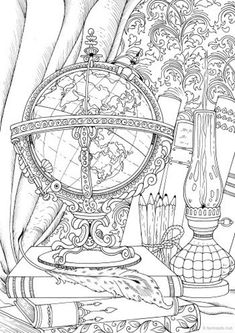 a coloring book page with an image of a globe on top of books and candles