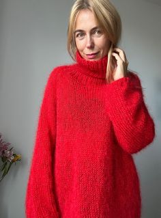 SWEATER WOMEN Red Mohair 100% HAND MADE CAN BE SHIPPED WORLDWIDE AVAILABLE IN MORE THAN 20 COLORS Beautiful gifts for girls and women in any ages. All items are beautifully wrapped. Ready to be a gift for your lovely person. YARN:  High quality yarn 25% mohair, 24% wool, 51% acrylic COMPOSITION & CARE:  Please treat your new sweater with respect.  Hand wash in cold water then lay flat to dry. You can order longer sweater or sleeves / or shorter - please contact me in the convo. Can be ordered in different size or color. Other sizes made for order in 7 -14 days. The color on your computer monitor may be a little different Thank you for visiting my shop Made for happiness Cozy Red Winter Sweater, Winter Mohair Turtleneck Sweater, Red Chunky Knit Long Sleeve Sweater, Fall Mohair Turtleneck Sweater, Fall Turtleneck Mohair Sweater, Casual Red Mohair Sweater, Mohair Turtleneck Sweater With Soft Knit, Soft Knit Mohair Turtleneck Sweater, Red Soft Knit Turtleneck Sweater