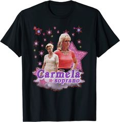 a black t - shirt with an image of two women in pink and purple stars