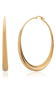 Crafted of recycled sterling silver and plated in 18-karat gold, these oversized hoops feature an organic sculptural design for a modern look. Snap-post closure Sterling silver/18k-gold plate Made in the UK Exclusive US retailer Modern Hoop Jewelry With Shiny Finish, Modern Sculptural Jewelry With Polished Finish, Modern Gold Plated Polished Hoop Earrings, Modern Gold Plated Hoop Earrings With Polished Finish, Contemporary Small Hoop Jewelry With Polished Finish, Modern Twist Hoop Jewelry With Polished Finish, Contemporary Metal Hoop Earrings, Contemporary Polished Yellow Gold Hoop Earrings, Contemporary Hoop Jewelry For Formal Occasions