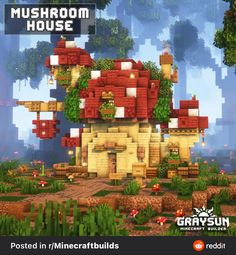 the mushroom house in minecraft is shown with trees and bushes on it's roof