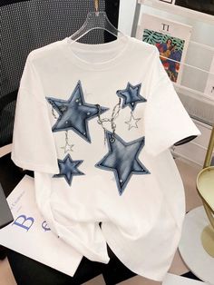 Blanco Casual Collar manga media Tela tejida Geométrico  Embellished Elástico Ligero Verano Star T-shirt, Cool T-shirts, Oversized T-shirt, Cute T-shirts, Cute Shirt Designs Vinyl, Girls T Shirt Design, Cute Oversized Shirts, Big Shirts, Shirt With Chains