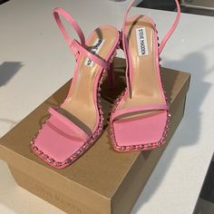 Brand New Size 7 ½ Steve Madden Heels. Pink With Sparkly Pink Beads On The Edges. Box Included Steve Madden Pink Heels, Beaded Heels For Party, Party Heels With Rhinestones And Square Toe, Steve Madden Shoes Outfit, Sweet 16 Shoes, Pale Pink Heels, Graduation Heels, Birthday Shoes, Pink Sweet 16