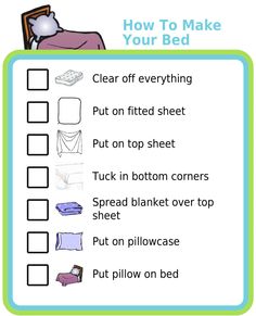 Step by step instructions are a great way to teach new skills. Try this picture checklist to help kids learn how to make their bed. Adaptive Cleaning, After School Checklist, Family Chores, Mom Organization, Age Appropriate Chores For Kids, Cleaning Calendar, Free Printable Cleaning, Cleaning Checklists, Kids Routine Chart