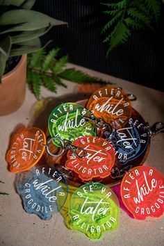 there are many different colored badges on the table next to a potted green plant