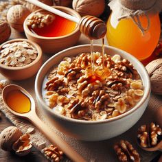 nuts and honey are being poured into a bowl