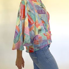 Multicolored Capelet Top. Button Down Large Bell Sleeves. Nwt. Art Deco. Capelet. Unique. Retro. New. Nwt. Never Worn. Button Down. Chic Multicolor Buttoned Tops, Chic Multicolor Tops With Buttons, Summer Multicolor Blouse With Buttons, Multicolor Summer Blouse With Button Closure, Multicolor Button-up Blouse With Button Closure, Chic Multicolor Button-up Blouse, Chic Multicolor Blouse With Button Closure, Trendy Multicolor Blouse With Button Closure, Multicolor Button Top For Spring