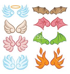 different kinds of wings and halos on a white background stock photo, royalty illustration