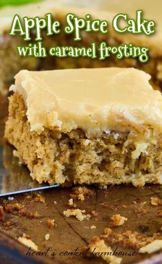 an apple spice cake with caramel frosting is on a plate next to a knife