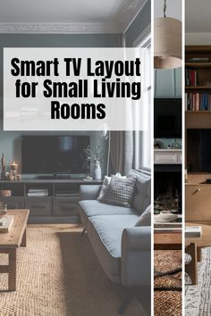 living room with couches, television and bookshelves in the same photo text reads smart tv layout for small living rooms