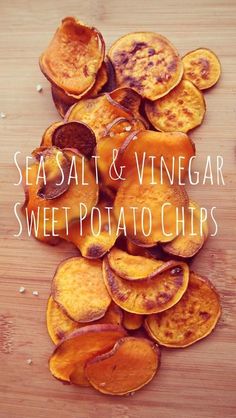 sea salt and vinegar sweet potato chips on a cutting board with text overlay that reads seasal & vinegar sweet potato chips