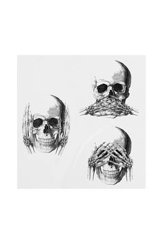 three drawings of skulls with their faces covered in spider webs