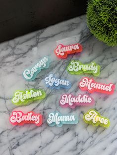 the name stickers are all different colors