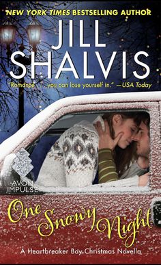 the cover of one snowy night by julia shalviss, with an image of a man and woman in a red truck