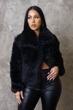 MAGNOLIA COLLECTION: Women's Everything I Want Jacket - Black Faux Fur  100% Polyester Limited Quantity One Large Snap at Top Chest of Jacket for Closure LuxurieMarie Black Faux Fur Coat For Fall, Chic Black Fur Coat For Party, Winter Faux Fur Outerwear For Night Out, Black Long Sleeve Fur Coat, Trendy Black Fur Coat With Faux Fur Lining, Casual Black Fur Coat With Faux Fur Lining, Faux Fur Coat For Night Out In Fall, Trendy Black Winter Fur Coat, Winter Night Out Faux Fur Outerwear