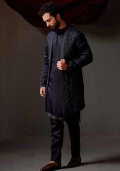 Jatin Malik-Midnight Blue Shrug And Kurta Set-INDIASPOPUP.COM Fitted Bandhgala With Embroidered Sleeves For Eid, Festive Sets With Embroidered Sleeves And Traditional Drape, Designer Sets With Set-in Sleeves And Traditional Drape, Formal Fitted Sherwani With Embroidered Sleeves, Embroidered Fitted Front Open Sets, Fitted Kurta With Embroidered Sleeves And Traditional Drape, Festive Fitted Sherwani With Embroidered Sleeves, Fitted Sets With Embroidered Sleeves For Transitional Season, Festive Fitted Set With Embroidered Sleeves