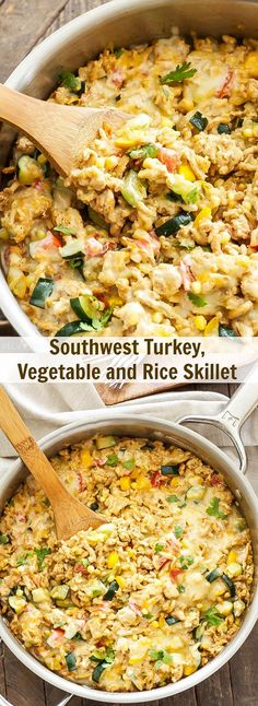 two pictures showing different types of vegetables and rice skillet