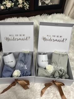 two bridesmaid gift boxes are shown with the same items in each box, one is