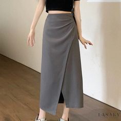 Lasaky - Fashionable Gray Skirt with Unstructured Waistline Elegant Non-stretch Asymmetrical Skirt, Stretch Asymmetrical Skirt, Versatile Stretch Asymmetrical Skirt, Elegant Asymmetrical Skirt Solid Color, Elegant High Waist Gray Skirt, Elegant Asymmetrical Solid Color Skirt, Elegant Asymmetrical Skirt In Solid Color, Spring Maxi Skirt In Solid Color, Versatile Solid High Waist Skirt