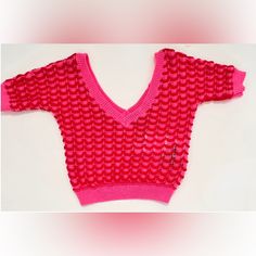 This Cute Crop Sweater Top Red/Hot Pink Hue, Open Wave Stitch, Double-Vee Back & Front Rub Trim. Red Knit V-neck Top, Pink Textured Knit V-neck Sweater, Pink V-neck Open Knit Sweater, Red Knitted V-neck Top, Trendy Red V-neck Sweater, Trendy Red Stretch Knit Top, Chic Red Stretch Knit Top, Pink Textured Knit Stretch Top, Chic Pink Pointelle Knit Sweater