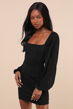 You're sure to sweep them off their feet every time when you're wearing the Lulus Delightful Love Black Lace-Up Balloon Sleeve Mini Dress! Stretchy, midweight crepe knit fabric shapes this darling dress that has long, semi-sheer sleeves with elastic at the shoulders and cuffs with functional drawstring details. Fitted bodice features a square neckline and a flattering, seamed design with a sultry lace-up back. Bodycon skirt finishes at a mini hem. Hidden zipper/clasp at back. Fit: This garment f Up Balloons, Adhesive Bra, Bodycon Skirt, Darling Dress, Love Black, Body Con Skirt, Sheer Sleeves, Mini Dress With Sleeves, Fitted Bodice