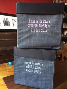 three suitcases stacked on top of each other in front of a book shelf with books