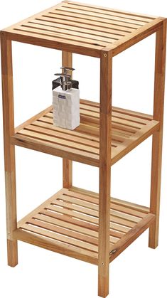 a wooden shelf with a soap dispenser on it's bottom shelf