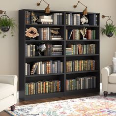 a living room filled with lots of books on top of a black book shelf next to a white chair