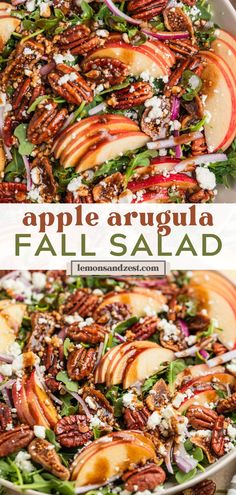 an apple salad with pecans, apples and feta cheese is shown in this image