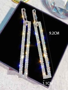 Luxury Long Rhinestone Rectangle Drop Earrings.  These earrings are timeless and sophisticated. Long Earrings Silver, Silver Earrings Wedding, Geometric Crystal, Rectangular Earrings, Hollow Earrings, Usa Jewelry, Crystal Dangle Earrings, Tassel Drop Earrings, Long Drop Earrings