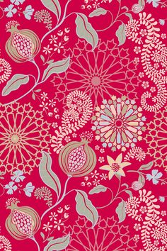 a red background with flowers and leaves