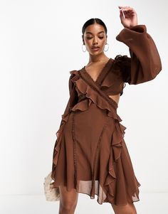 Dresses by ASOS DESIGN Low effort, high reward V-neck Volume sleeves Ruffle trim Regular fit Brown Dresses Outfit, Chocolate Brown Dress, Buy My Clothes, Skater Mini Dress, Brown Mini Dress, Volume Sleeves, Beige Wedding, Dress Date, Chocolate Brown Color