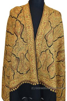 Kashmir embroidered shawls are world famous for their embroidery, beauty, texture a design. Opulence and mystique are the hallmark of hand embroidered Kashmir shawls. The elegance of this beautiful yellow gold colored shawl is an epitome of class displayed by the lustrous natural sheen of hand embroidery. There is nothing like the experience of Jamawar. Luxury presents itself to the mind on many levels. You see it, you touch it, you feel it, you resonate with it. A luxurious jamawar shawl is sum Luxury Gold Jamawar Embroidered Fabric, Luxury Jamawar Shawl With Zari Weaving, Luxury Presents, Beauty Texture, Gold Shawl, Class Displays, Red Shawl, Mocha Brown, World Famous