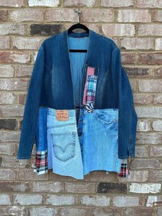 Upcycled Denim Jacket (Chicos) Boho Patchwork Ooak Can be yours. I love the different colors of denim, the zippers on the sleeves, plaid and patchwork design. This Plus Size Jacket/Duster will be your favorite piece to wear.  *All measurements taken laying flat- Width-(underarm to underarm) 24-25in Length-(shoulder to hem) 31-32in Approx. Size- 16-17in=S/ 18-20in=M/ 21-22in=L/ 23-24in=XL/ 26in=XXL(2x)/ 29in=XXXL(3X) *In some cases I am able to add length or shorten so please feel free to ask. It Plaid Denim Outerwear With Long Sleeves, Plaid Denim Long Sleeve Outerwear, Long-sleeved Plaid Denim Outerwear, Fall Patchwork Recycled Denim Jacket, Dark Wash Recycled Denim Outerwear With Patchwork, Denim Blue Patchwork Outerwear From Recycled Denim, Recycled Denim Outerwear With Patches For Fall, Patchwork Recycled Denim Outerwear In Denim Blue, Patchwork Denim Blue Outerwear In Recycled Denim