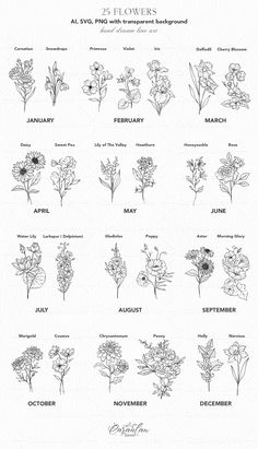 flowers are shown in black and white, with the names below them for each flower