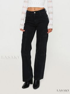 Lasaky - Dark, Mysterious Black Denim Style for Women Fitted Dark Wash Cargo Jeans For Fall, Trendy Fitted Cargo Jeans For Fall, Trendy Dark Wash Cargo Jeans For Fall, Trendy Fall Dark Wash Cargo Jeans, Fitted Cargo Jeans For Fall Streetwear, Fitted Black Cargo Jeans For Spring, Trendy Black Cargo Jeans For Spring, Edgy Fall Jeans With Pockets, Edgy Fall Jeans