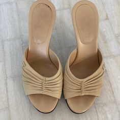 Chanel Authentic Fabulous Beige Soft Leather Slides Sandals, Black Patent Leather Heels, Great Condition, Gently Used,Size 37.5 Shoes Chanel, Leather Slide Sandals, Slides Sandals, Patent Leather Heels, Leather Slides, Sandals Black, Chanel Shoes, Black Patent Leather, Black Cream